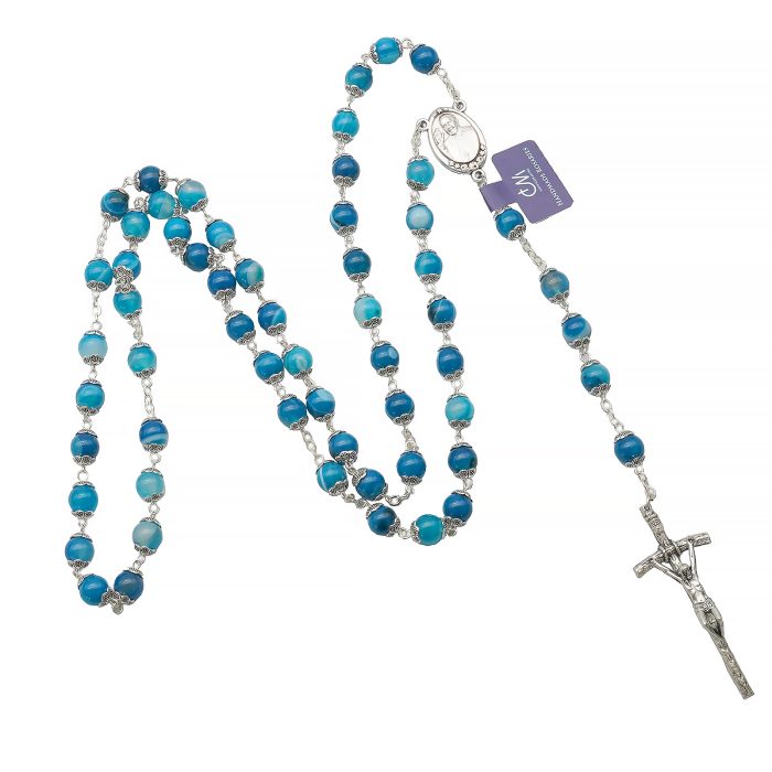 玫瑰念珠-蓝色缠丝玛瑙教宗方济各-8mm Catholic religious art