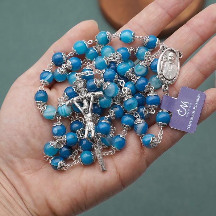 玫瑰念珠-蓝色缠丝玛瑙教宗方济各-8mm Catholic religious art