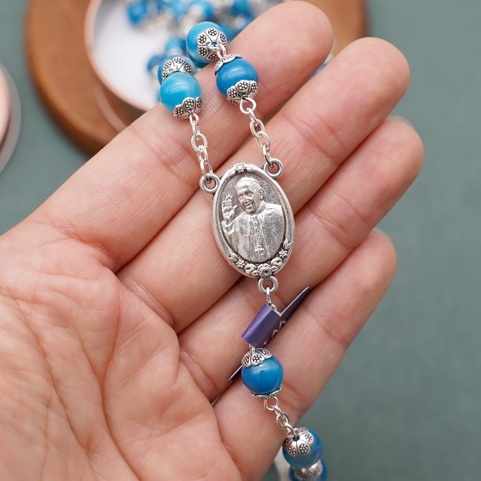 玫瑰念珠-蓝色缠丝玛瑙教宗方济各-8mm Catholic religious art