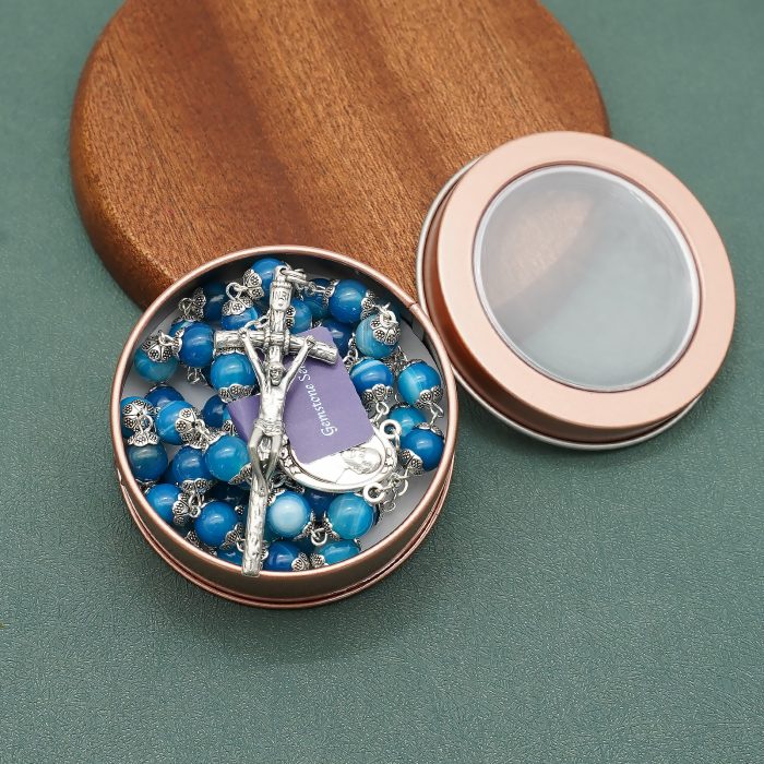 玫瑰念珠-蓝色缠丝玛瑙教宗方济各-8mm Catholic religious art