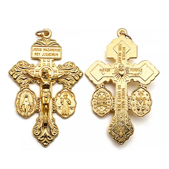 DIY十字架-宽恕苦像+显灵圣母+圣本笃-锌合金-金色-5.5cm Catholic religious art