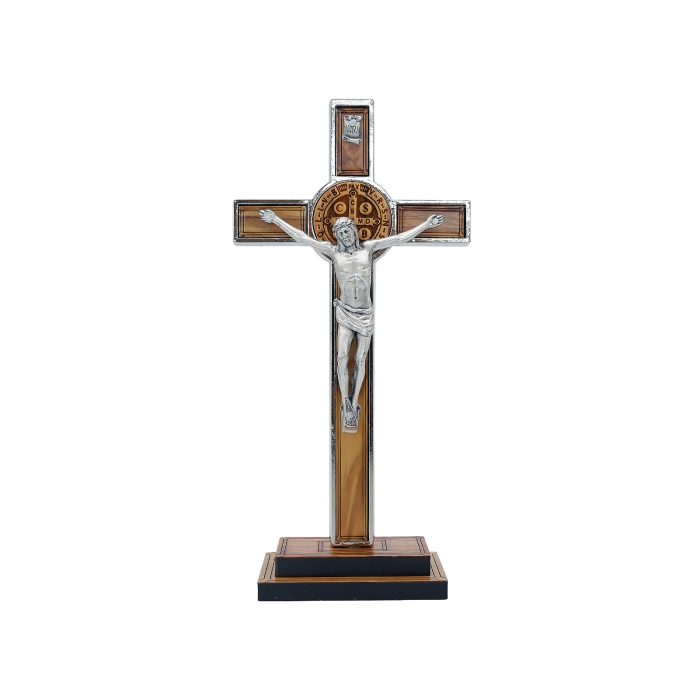 合金圣本笃十字架带圣牌橄榄木带底座-21x10cm Catholic religious art