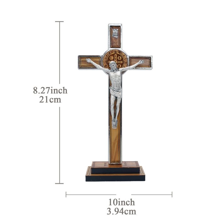 合金圣本笃十字架带圣牌橄榄木带底座-21x10cm Catholic religious art