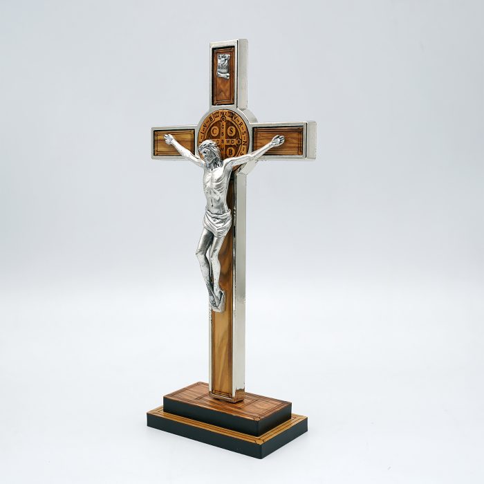 合金圣本笃十字架带圣牌橄榄木带底座-21x10cm Catholic religious art