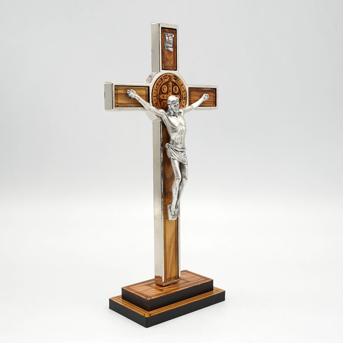 合金圣本笃十字架带圣牌橄榄木带底座-21x10cm Catholic religious art