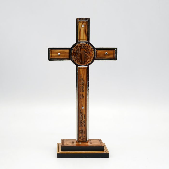 合金圣本笃十字架带圣牌橄榄木带底座-21x10cm Catholic religious art