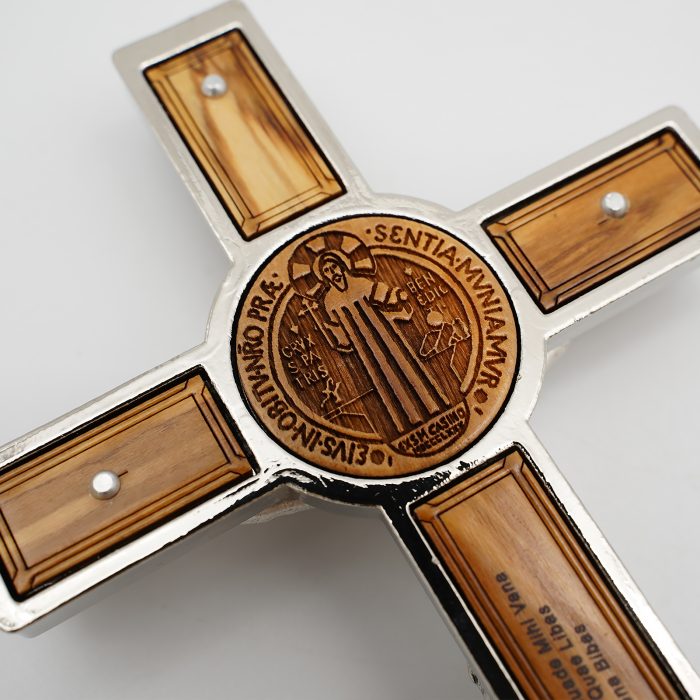 合金圣本笃十字架带圣牌橄榄木带底座-21x10cm Catholic religious art