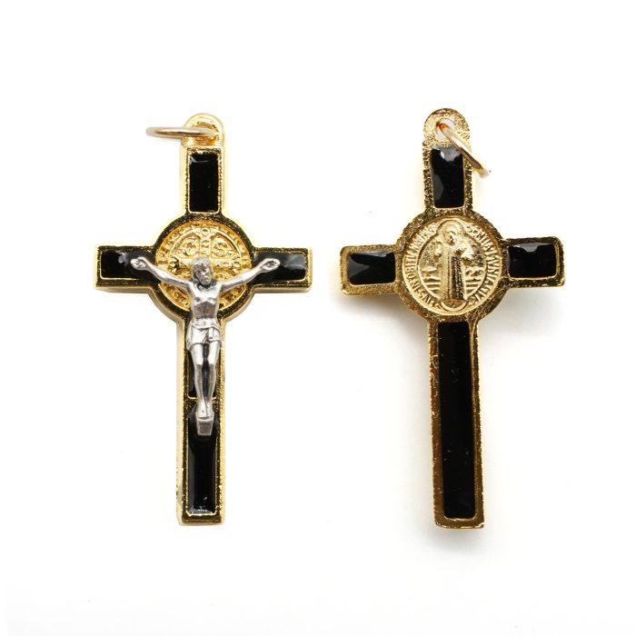 DIY十字架-金色合金+黑色珐琅彩圣本笃-3.5x2.1cm Catholic religious art