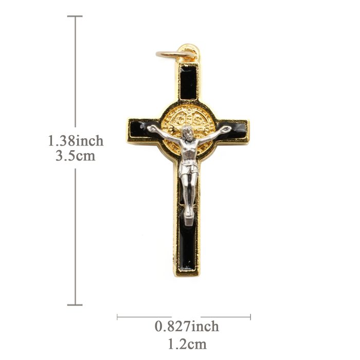 DIY十字架-金色合金+黑色珐琅彩圣本笃-3.5x2.1cm Catholic religious art