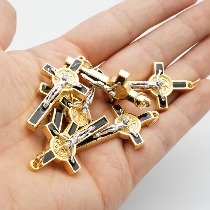DIY十字架-金色合金+黑色珐琅彩圣本笃-3.5x2.1cm Catholic religious art
