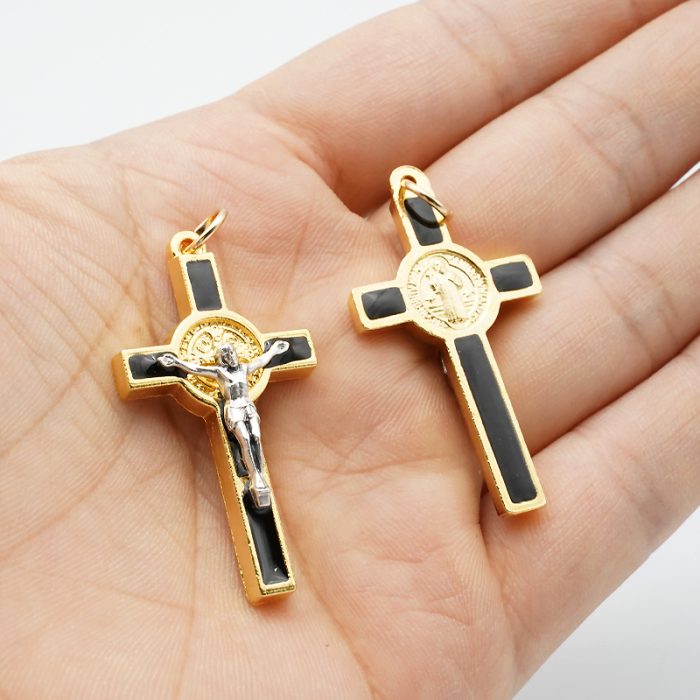 DIY十字架-金色合金+黑色珐琅彩圣本笃-3.5x2.1cm Catholic religious art