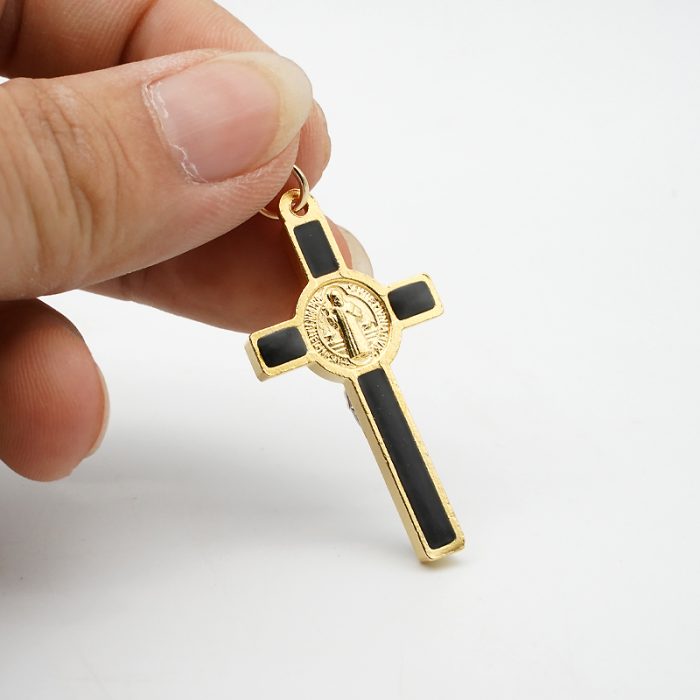 DIY十字架-金色合金+黑色珐琅彩圣本笃-3.5x2.1cm Catholic religious art