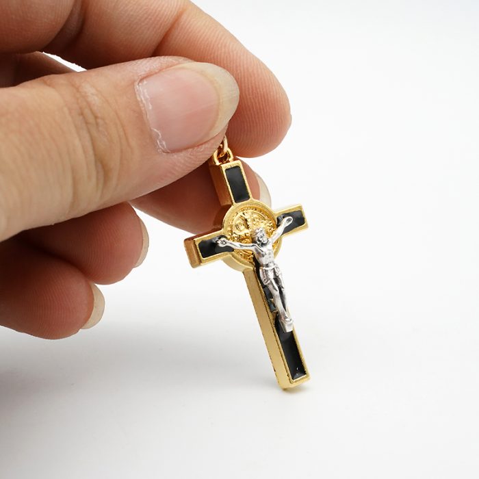 DIY十字架-金色合金+黑色珐琅彩圣本笃-3.5x2.1cm Catholic religious art
