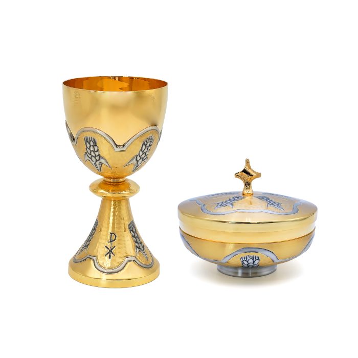 【现货】麦穗图案-圣爵杯圣体碗带盖手工雕刻套装18+10cm Catholic religious art