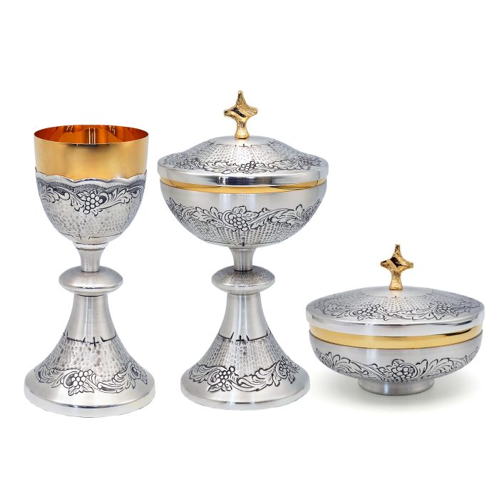 【现货】葡萄图案-手工雕刻-银色-圣爵杯圣体盒圣体碗带盖套装23+20+11cm Catholic religious art