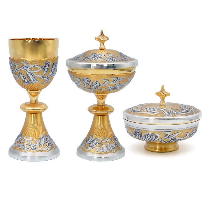 【现货】麦穗图案-手工雕刻-双色-圣爵杯圣体盒圣体碗带盖套装23+20+11cm Catholic religious art