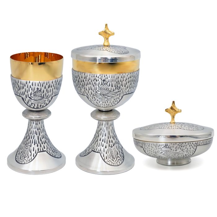 【现货】鱼与麦穗图案-手工雕刻-银色-圣爵杯圣体盒圣体碗带盖套装24+18+10.5cm Catholic religious art