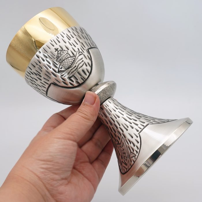 【现货】鱼与麦穗图案-手工雕刻-银色-圣爵杯圣体盒圣体碗带盖套装24+18+10.5cm Catholic religious art