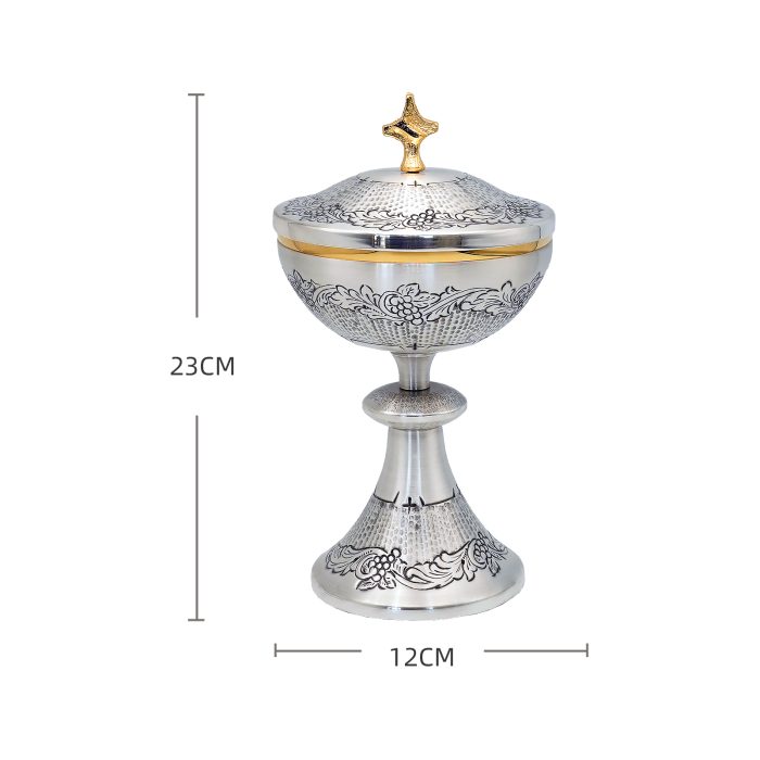 【现货】葡萄图案-手工雕刻-银色-圣爵杯圣体盒圣体碗带盖套装23+20+11cm Catholic religious art