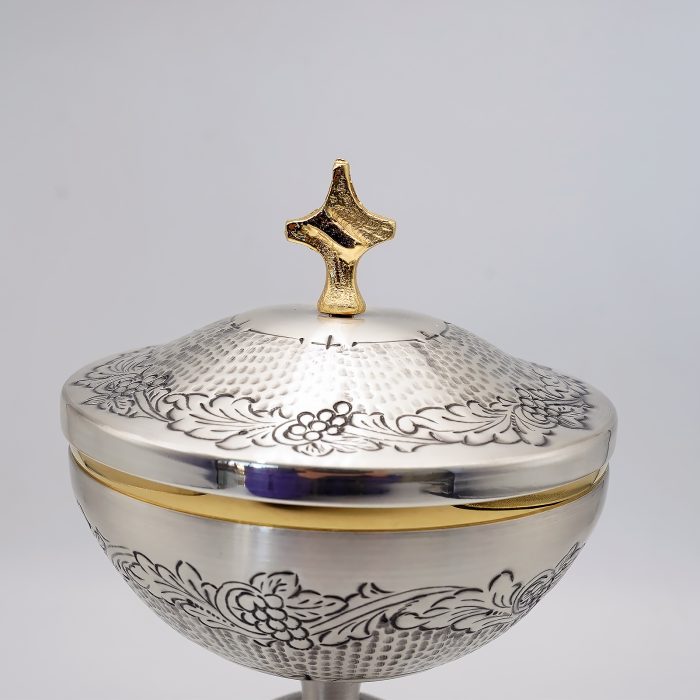 【现货】葡萄图案-手工雕刻-银色-圣爵杯圣体盒圣体碗带盖套装23+20+11cm Catholic religious art