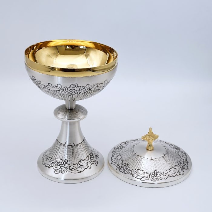 【现货】葡萄图案-手工雕刻-银色-圣爵杯圣体盒圣体碗带盖套装23+20+11cm Catholic religious art