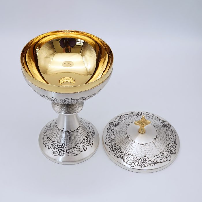 【现货】葡萄图案-手工雕刻-银色-圣爵杯圣体盒圣体碗带盖套装23+20+11cm Catholic religious art