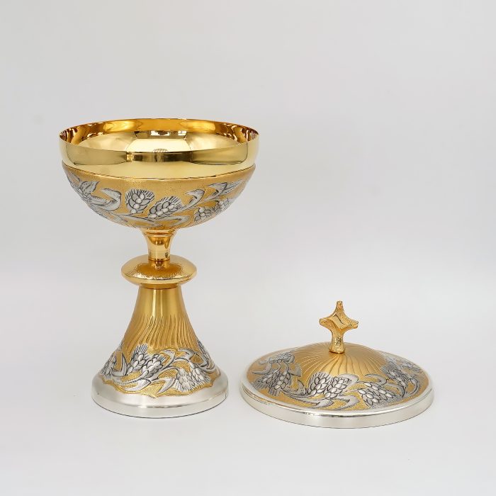 【现货】麦穗图案-手工雕刻-双色-圣爵杯圣体盒圣体碗带盖套装23+20+11cm Catholic religious art