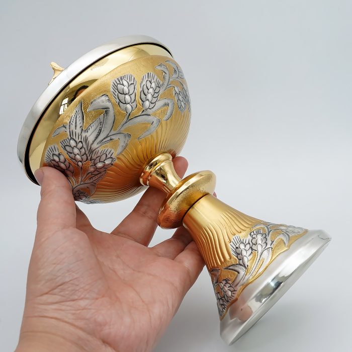 【现货】麦穗图案-手工雕刻-双色-圣爵杯圣体盒圣体碗带盖套装23+20+11cm Catholic religious art