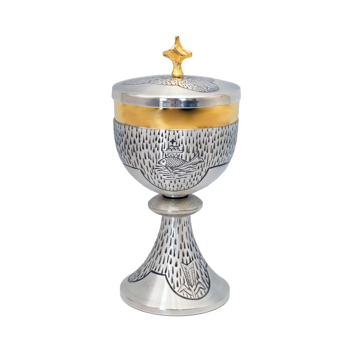 【现货】鱼与麦穗图案-手工雕刻-银色-圣爵杯圣体盒圣体碗带盖套装24+18+10.5cm Catholic religious art