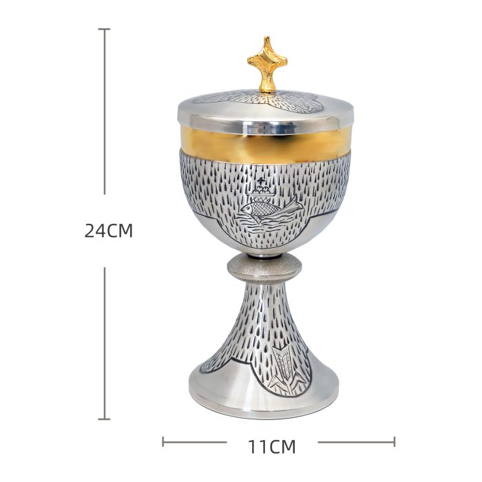 【现货】鱼与麦穗图案-手工雕刻-银色-圣爵杯圣体盒圣体碗带盖套装24+18+10.5cm Catholic religious art