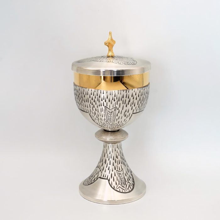 【现货】鱼与麦穗图案-手工雕刻-银色-圣爵杯圣体盒圣体碗带盖套装24+18+10.5cm Catholic religious art