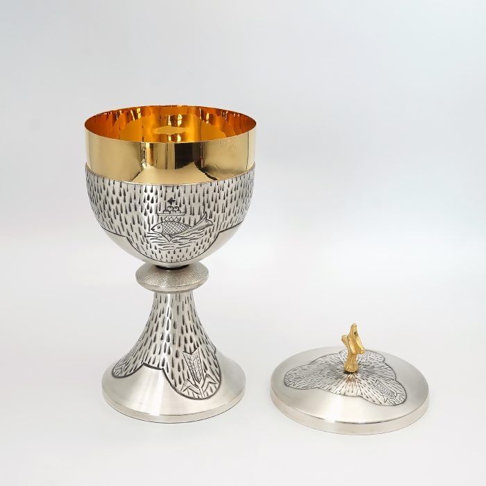 【现货】鱼与麦穗图案-手工雕刻-银色-圣爵杯圣体盒圣体碗带盖套装24+18+10.5cm Catholic religious art