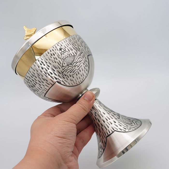 【现货】鱼与麦穗图案-手工雕刻-银色-圣爵杯圣体盒圣体碗带盖套装24+18+10.5cm Catholic religious art