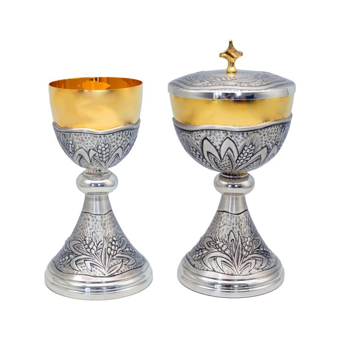 【现货】麦穗图案-手工雕刻-银色-金圣爵杯圣体盒套装27+21cm Catholic religious art