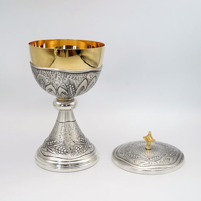 【现货】麦穗图案-手工雕刻-银色-金圣爵杯圣体盒套装27+21cm Catholic religious art