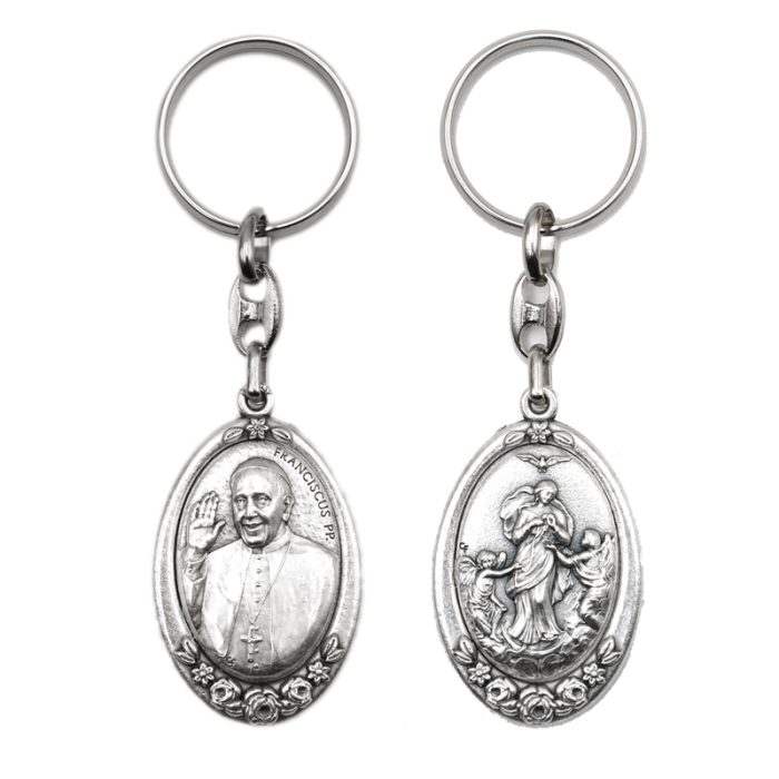 钥匙扣-教宗方济各-解结圣母-合金-镀银-椭圆-带双面合金圣牌-4.3x3cm Catholic religious art