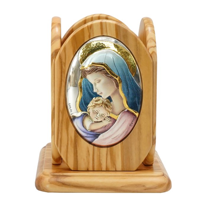 银浮雕橄榄木摆件笔筒-圣母抱耶稣-8.8x8.8x11cm Catholic religious art