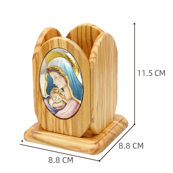 银浮雕橄榄木摆件笔筒-圣母抱耶稣-8.8x8.8x11cm Catholic religious art