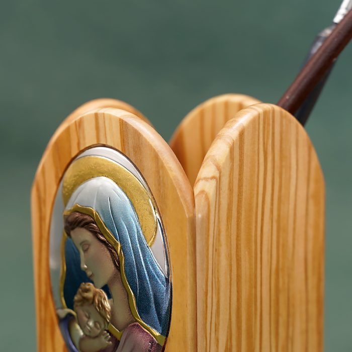 银浮雕橄榄木摆件笔筒-圣母抱耶稣-8.8x8.8x11cm Catholic religious art