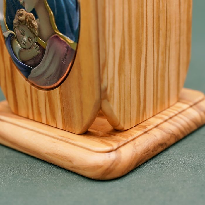 银浮雕橄榄木摆件笔筒-圣母抱耶稣-8.8x8.8x11cm Catholic religious art