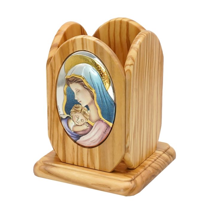 银浮雕橄榄木摆件笔筒-圣母抱耶稣-8.8x8.8x11cm Catholic religious art