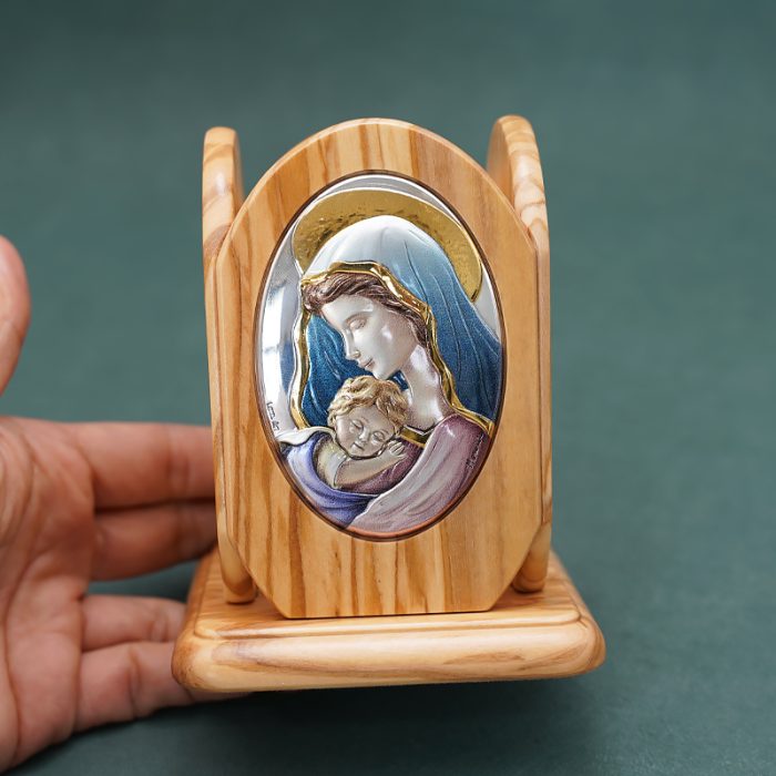 银浮雕橄榄木摆件笔筒-圣母抱耶稣-8.8x8.8x11cm Catholic religious art