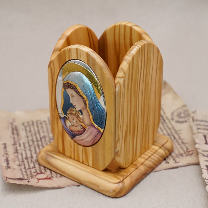 银浮雕橄榄木摆件笔筒-圣母抱耶稣-8.8x8.8x11cm Catholic religious art