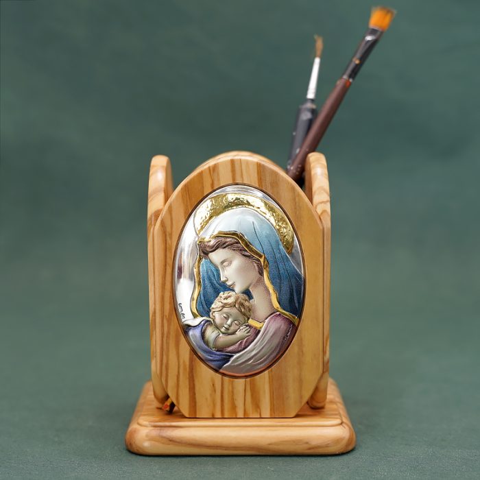 银浮雕橄榄木摆件笔筒-圣母抱耶稣-8.8x8.8x11cm Catholic religious art
