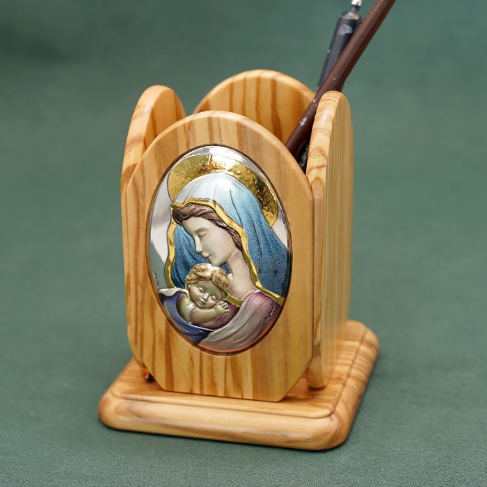 银浮雕橄榄木摆件笔筒-圣母抱耶稣-8.8x8.8x11cm Catholic religious art