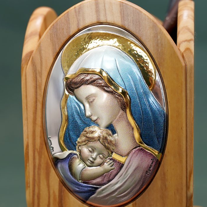 银浮雕橄榄木摆件笔筒-圣母抱耶稣-8.8x8.8x11cm Catholic religious art