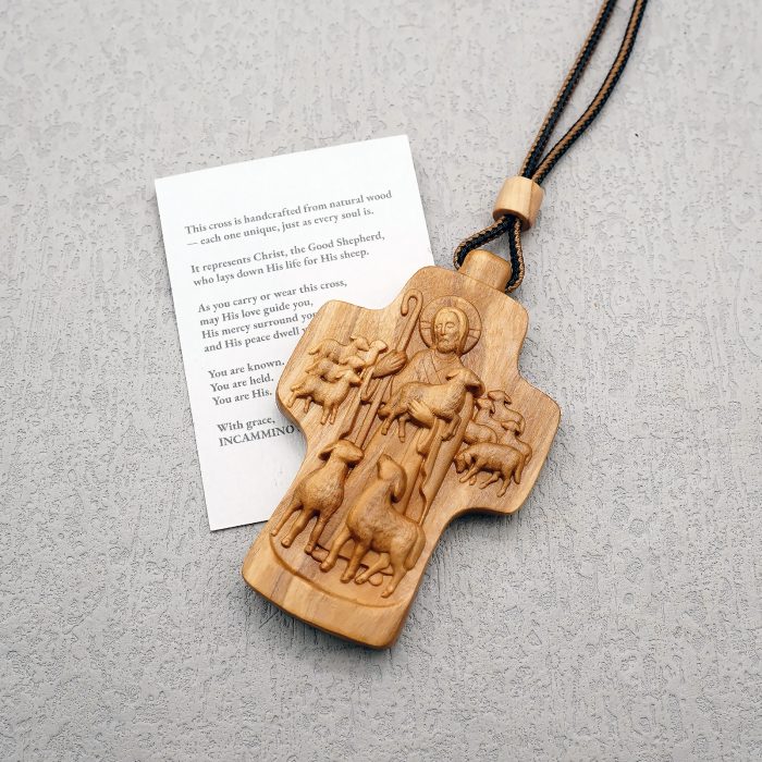 项链十字架-耶稣善牧-橄榄木（带绳）-7x5cm Catholic religious art