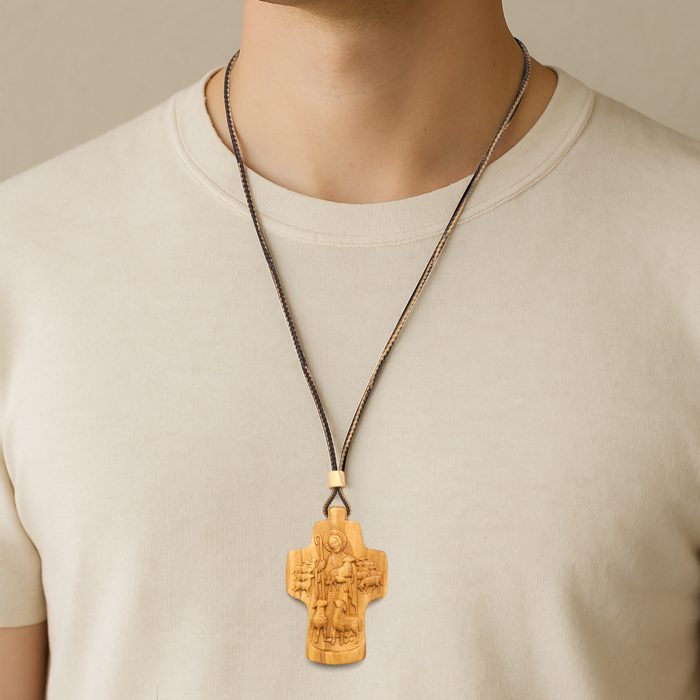 项链十字架-耶稣善牧-橄榄木（带绳）-7x5cm Catholic religious art