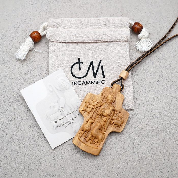 项链十字架-耶稣善牧-橄榄木（带绳）-7x5cm Catholic religious art