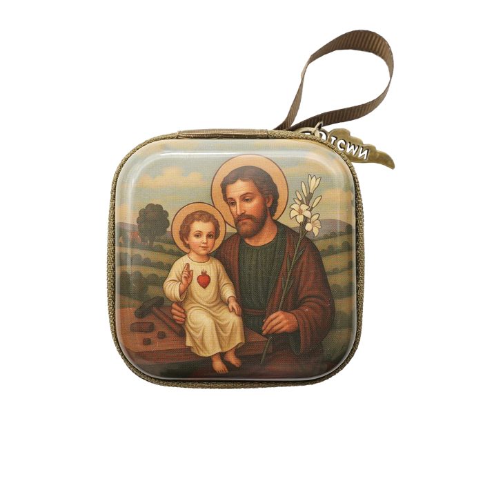Rosary Case - St. Joseph with Jesus - Metal - Zipper - 7x7x3.3cm Catholic religious art